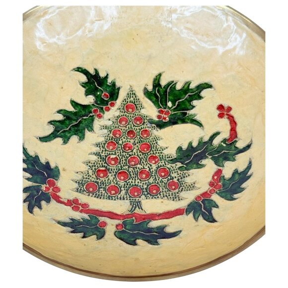 Vintage Enamel Cloisonne Christmas Tree Bowl 9" Holly Handcrafted Brass Pedestal - Picture 2 of 6